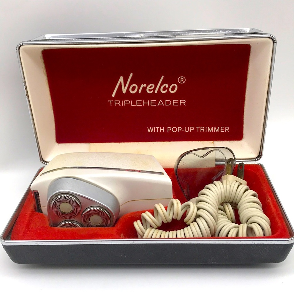 Vintage NORELCO Triple Header Electric Razor In Case Pop-up Trimmer SC-8130